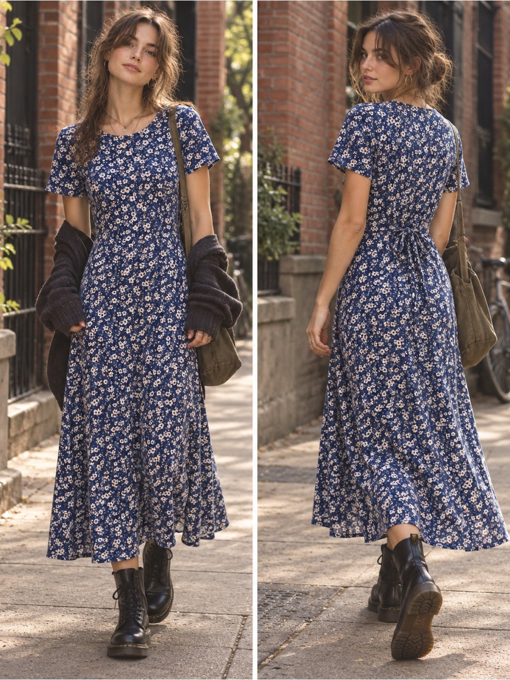 Vintage 90s Erika Blue Floral Cotton Feel Midi Dress Tie Back Size Medium
